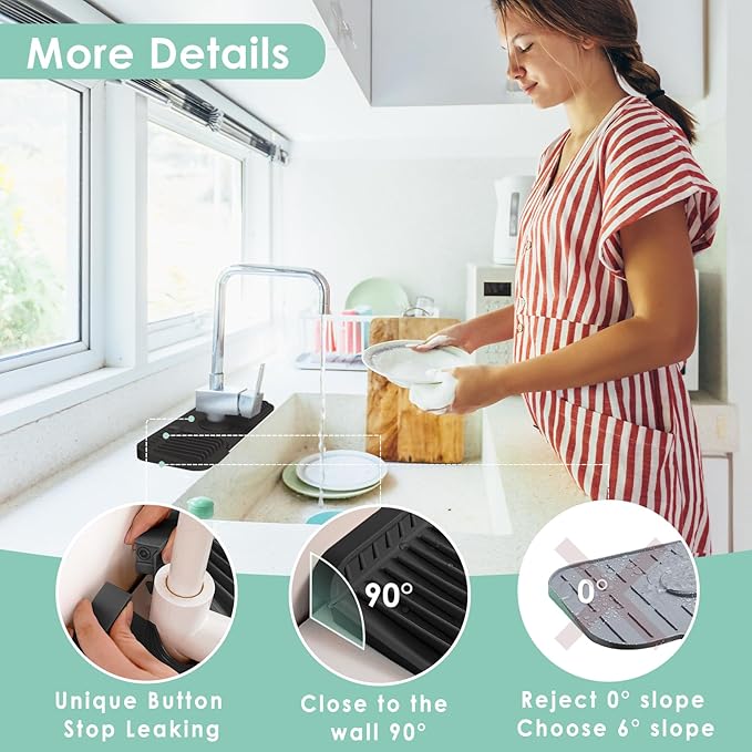 14.6 Inch Silicone Faucet Mat for Kitchen Sink Splash Guard - 7° Slope Water Draining Mat With Fasten Button for Bathroom Area (Black, 14.6''x5.5'')