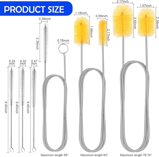 12pcs Flexible Drain Brush 78 Inch Pipe Cleaning Brush 63 Inch Drain Cleaner Brush 59 Inch Hose Brush and 3 Pcs 9 Inch Straw Cleaner Brush for Straws Kitchen Sink Plumbing Shower Drain Tube (Yellow)