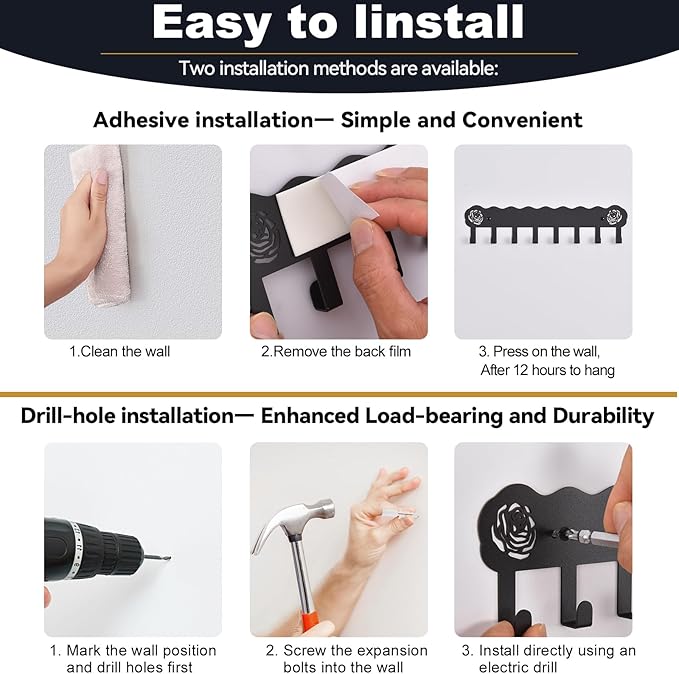 2-Pack Premium Iron Key Holder for Wall – Large Capacity & Multi-Functional, Dual Installation: Wall Mount & Adhesive, 8 Hooks Key Rack for Entryway, Kitchen, Bathroom, Office