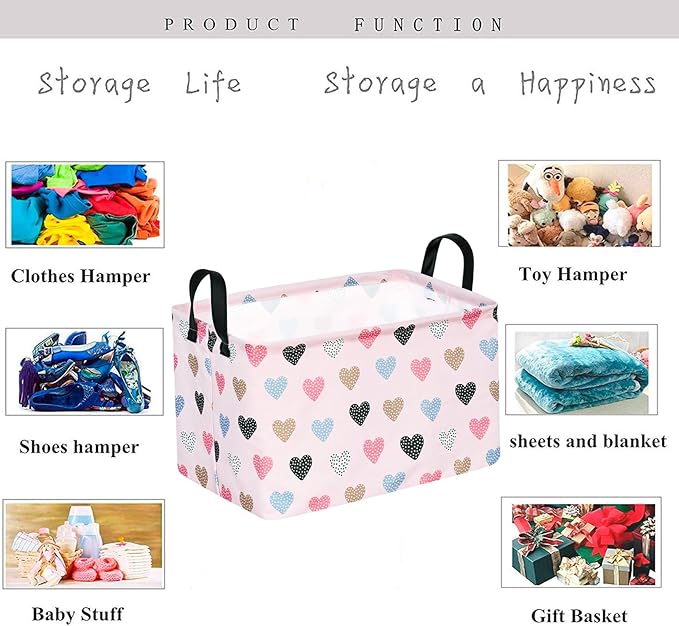 KUNRO Rectang Heart Valentine's Storage Basket Gift Shelf Basket Storage Bin, Nursery Basket Organizer Box for With Handles for Room Deco