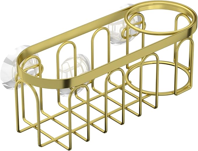 Yazoni 2-in-1 Sponge Holder for Kitchen Sink, Suction Cup Sponge Rack Kitchen Caddy, No Drill Rustproof Sink Organizer for Place Dishwashing Brush Soap (Gold)