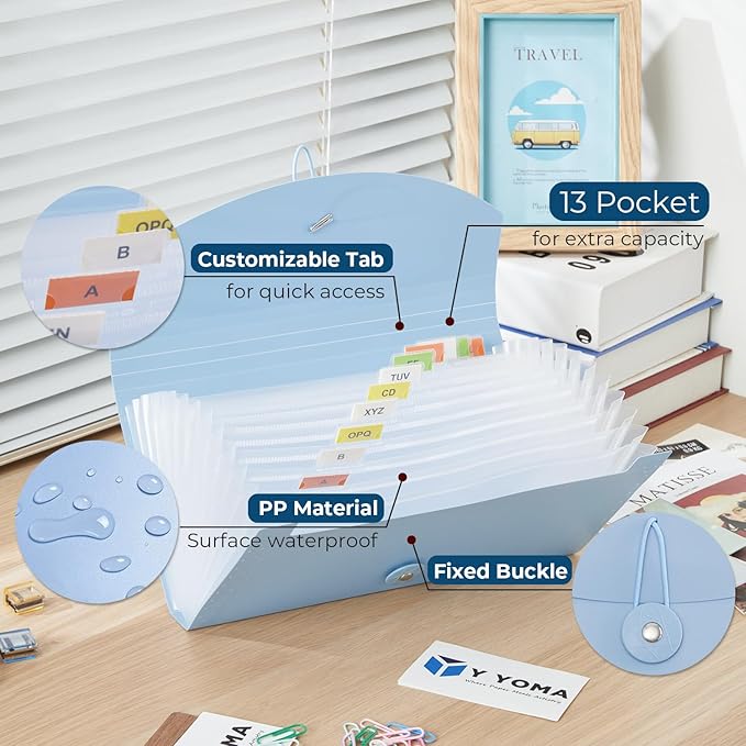 Y YOMA 8 Pack Coupon Organizer with 13 Pocket | Plastic Travel-Friendly Accordion Receipt Holder 10” x5.5” Expanding Folder for Small Bill Business Cards Tax Item Ticket, Pastel Design