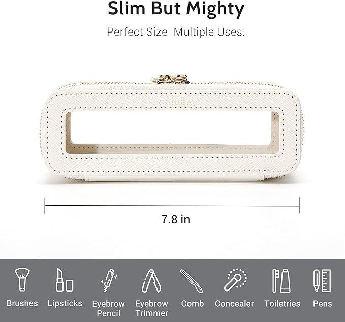 Aveniee Clear Makeup Brush Bag,Slim Cosmetic Brush Holder,Small Toiletry Bag Mini Travel Case for Women,Thin Make up Bags with Dual Zipper,Cute Travel Essentials Organizer,White