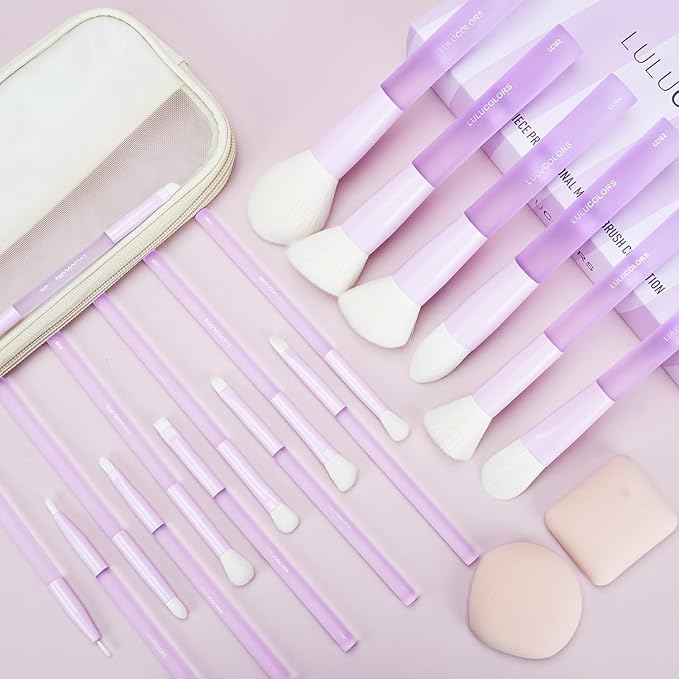 18-Piece Light Purple Professional Makeup Brush Set – Translucent Rubberized Handles, Soft Synthetic Bristles for Face & Eye Makeup–Includes Travel Bag & Sponges, Complete Brush Collection