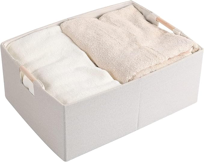 Fabric Storage Bin Box Foldable Cotton Linen Storage Basket with Wooden Handles Rectangular Cube Decorative Home Laundry Organizer Clothes Blanket Container - Beige, Large