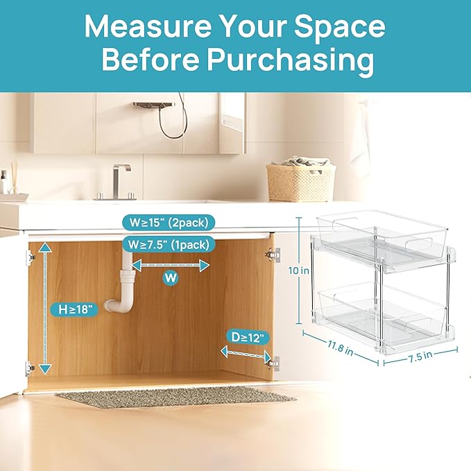Vtopmart 8 Pack Bathroom Organizer, 2 Tier Clear Under Sink Organizers Vanity Countertop Storage Container, Cabinet Drawers Bins, Pull-Out Organization with Track for Pantry, Kitchen