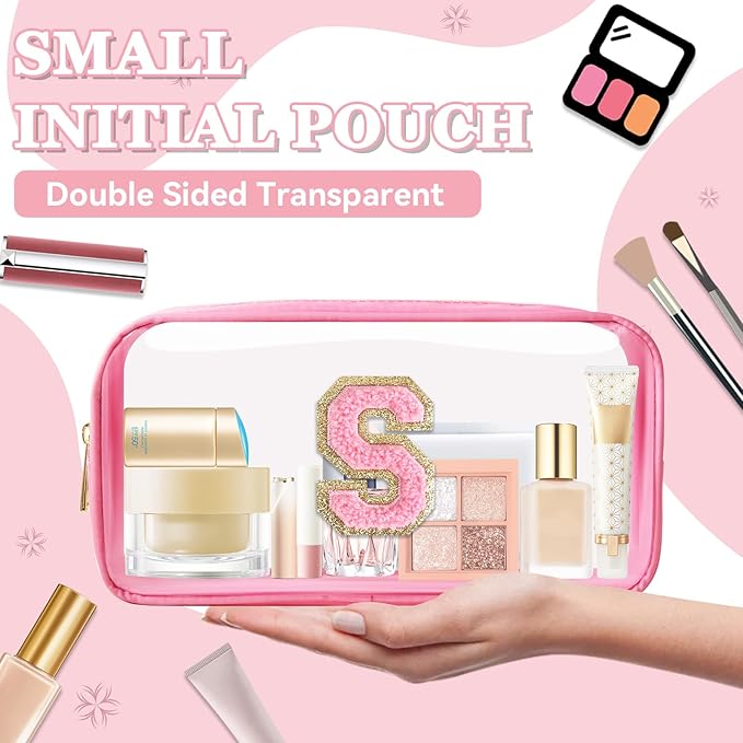Small Clear Personalized Initial Makeup Bag,Nylon Preppy A-Z Chenille Letter Patch Cosmetic Pouch Beach Toiletry Bag,Waterproof Zipper Travel Purse Storage Bag Organizer for Women Girls(Pink-Pink S)