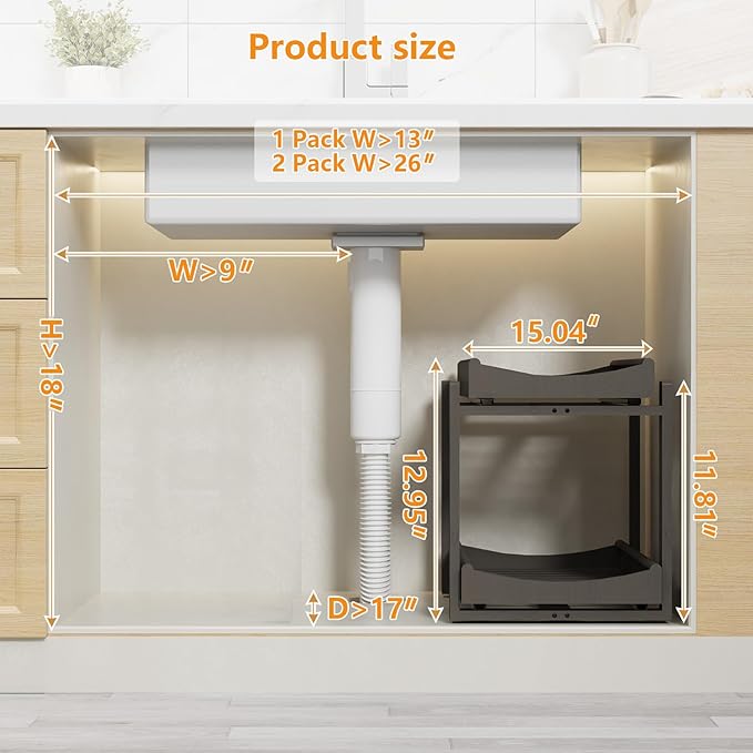 Wisuce Essentials Bamboo Under Sink Organizer Adjustable Height 2-Tier Bathroom Organizer Pull-Out Cabinet Storage Heavy Duty Wood Slide Out Shelf for Kitchen Bathroom (Black, 1 Pack)