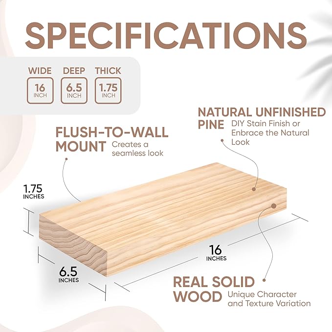 Homeforia Wood Floating Shelf 16 inch, High-End Solid Natural Wood 16-inch Floating Shelves for Wall Mounted, Unfinished Wooden Small Floating Shelves, Heavy Duty Bracket, 16 X 6.5 X 1.75 in, Set of 2