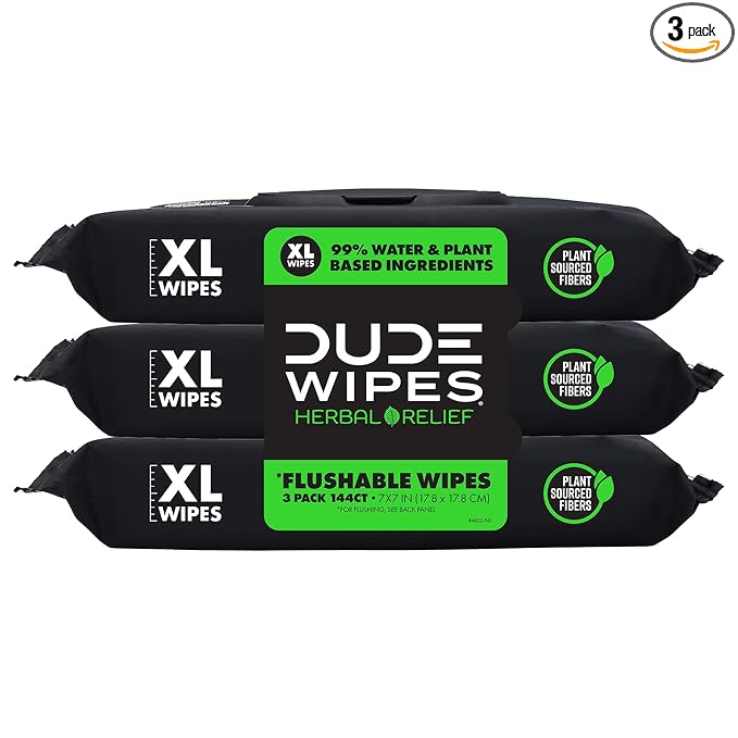 DUDE Wipes Herbal Relief Flushable Wipes - Extra-Large Adult Wet Wipes - 3 Pack (144 Count) - Infused with Soothing Witch Hazel, Geranium Essential Oils, Vitamin E, and Aloe - Septic and Sewer Safe