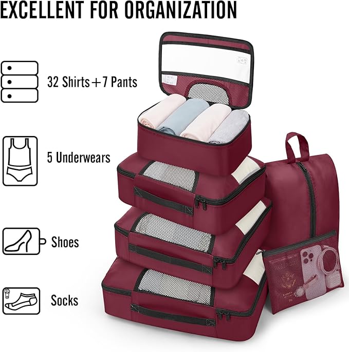 Veken 8 Set Packing Cubes for Travel Essentials, Christmas Gifts, Suitcase Organizer Bags in 4 Sizes, Carry-On Luggage Accessories with Large Laundry & Hanging Toiletry Bag, Must-Have for Airplane