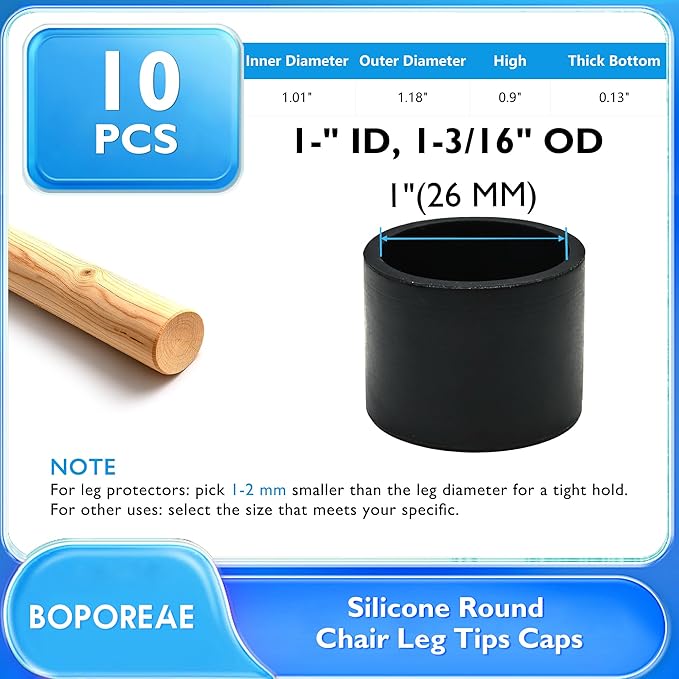 BOPOREAE 10 Pcs 1" (26 mm) Round Chair Leg Tips Caps, Silicone Rubber Furniture Leg Floor Protectors, Reduce Noise Folding Metal Chair Leg Cap Replacement for Bar Stool Leg Patio Indoor, Black
