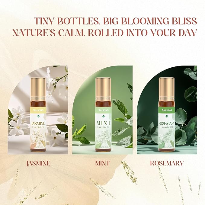 SALKING Essential Oils Roll On Set with Dried Flowers(6 Pack), Aromatherapy Oil with Roller Ball for Skin Use, Natural Fragrance Gift - Rose, Lavender, Cherry Blossom, Jasmine, Mint, Rosemary