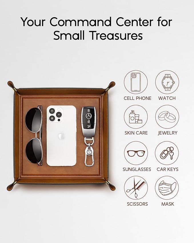 Valet Tray for Men Women, Nightstand Organizer Vanity Catchall Holder for Dresser Desk Storage Bedside, Travel PU Leather Jewelry Key Bowl Coin Watches and Candy Entryway Tray - Large, Light Brown