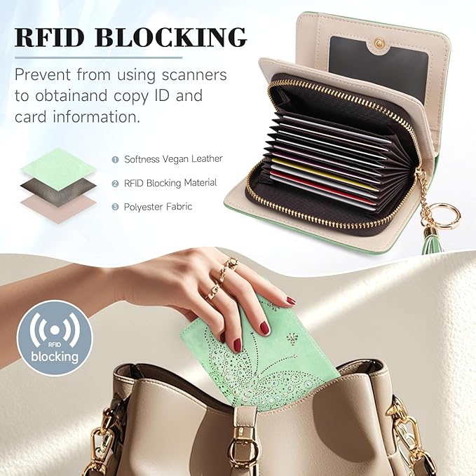 Women RFID Blocking Small Bifold Wallet, Compact Cash Clutch with Zipper Coin Pocket, Glittery Butterfly Design, Credit Card Holder, Travel Purse with Tassel PEPPERMINT-GREEN