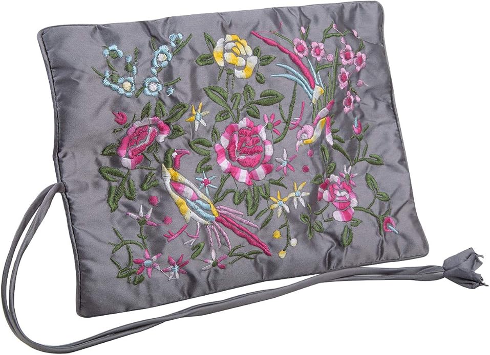 TUMBEELLUWA Embroidery Travel Jewelry Bag Roll Embroidered Flower and Bird Brocade Organizer with Tie Close