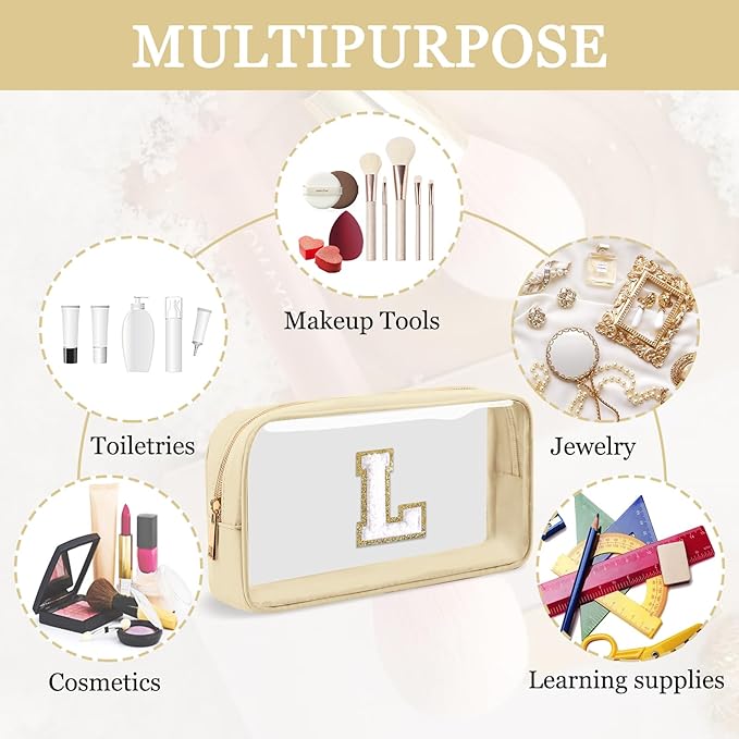 Small Clear Personalized Initial Makeup Bag,Nylon Preppy A-Z Chenille Letter Patch Cosmetic Pouch Beach Toiletry Bag,Waterproof Zipper Travel Purse Storage Bag Organizer for Women Girls(Beige-White L)