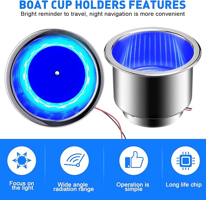 Yexiya 6 Pcs LED Cup Holder Marine Drink Holder Stainless Steel Cup Holders Insert with Drain for Boat Yacht Car Camper Truck RV(Blue)