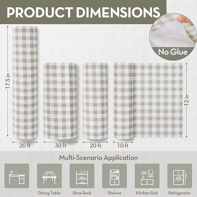 Drawer and Shelf Liner, Non-Slip Kitchen Cabinet Liners Non-Adhesive Thick Strong Grip Waterproof Washable Mats Protect Dresser Shelves Cupboard Bathroom Cabinets, Green Plaid, 12 in X 30 FT