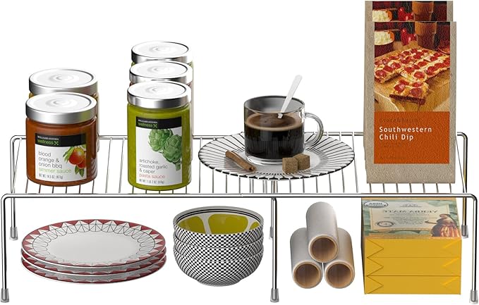 Kitchen Cabinet Expandable Shelf Organizers, Adjustable Metal Wire Pantry Storage Shelves, Plate Dish Organizer Rack for Cabinets, Cupboard, Counter, Freezer, Countertop, Chrome