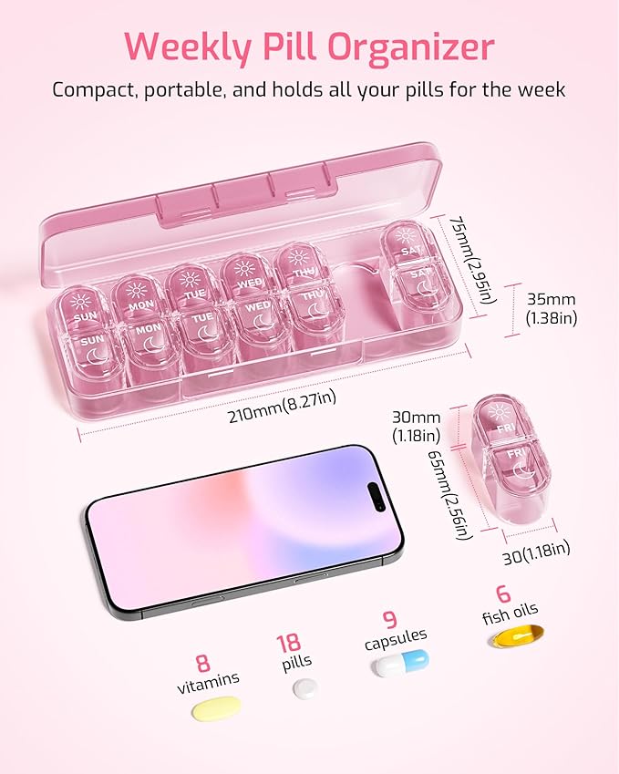 Daviky Weekly Pill Organizer 2 Times a Day, 7-Day AM PM Medicine Case, Travel-Friendly Pill Box for Fish Oils, Vitamins & Supplements