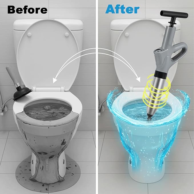 Toilet Plunger, High Pressure Toilet Plunger with Gloves,2 Hair Snake,2 Hair Filters, Toilet Auger Air Drain Blaster with Real-Time, Heavy Duty Plunger for Bathroom and Kitchen Plumbing Clogs