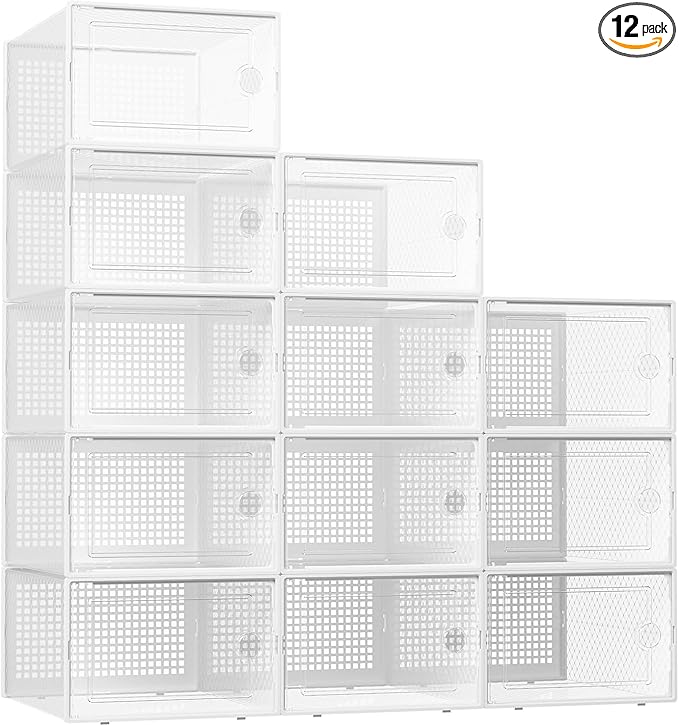 Kuject XX-Large Shoe Storage Boxes Organizers Clear Plastic Stackable 12 Pack, Shoe Rack & Holder Substitute, Sneaker Containers, Shoe Storage Organizer Bins for Closet, Under Bed, White (No Fold Line)