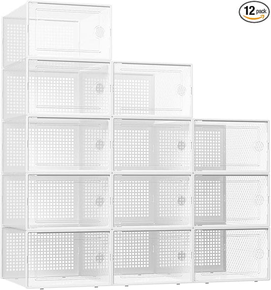 Kuject XX-Large Shoe Storage Boxes Organizers Clear Plastic Stackable 12 Pack, Shoe Rack & Holder Substitute, Sneaker Containers, Shoe Storage Organizer Bins for Closet, Under Bed, White (No Fold Line)