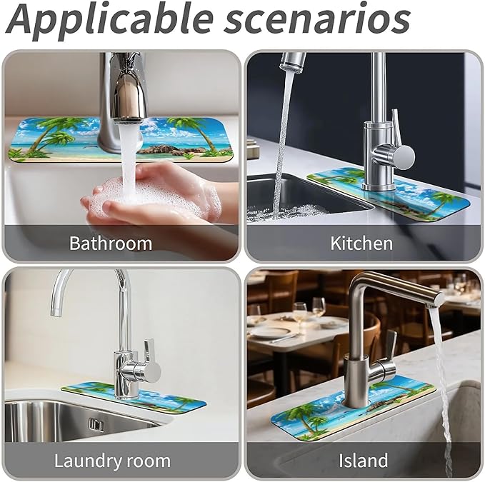 Kitchen Sink Splash Guard, Summer Coconut Beach Dolphins Faucet Mat Sink Gadgets - Super Absorbent Fast Drying Mat Drip Catcher for Kitchen, Bathroom, Sink Mat, Dish Drying Mat, Bathroom (15" X 5.5")