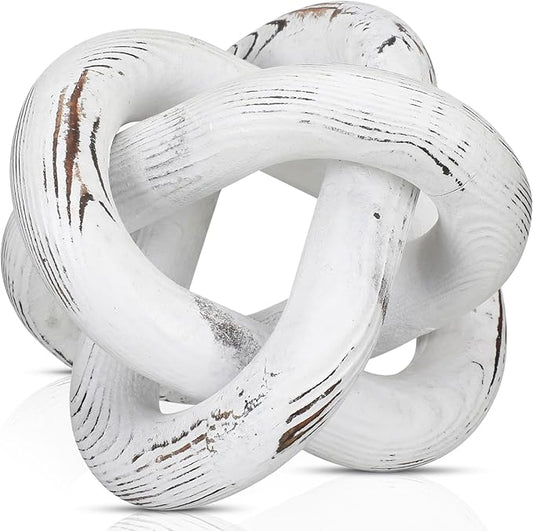 3 Link Wood Knot Decor - Hand Carved Coffee Table Decoration, Boho Chain Link Decor, Modern Shelf, Rustic Objects for Home Living Room Bedroom(Retro White)