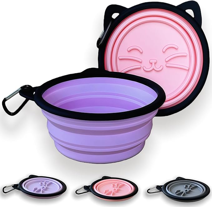 2 Pack Silicone Travel Dog Bowls, Slow Feeder Anti-Gulping, 25oz Collapsible Portable Water & Food Bowls for Medium & Large Dogs, Pet Camping Essentials (Pink/Purple)