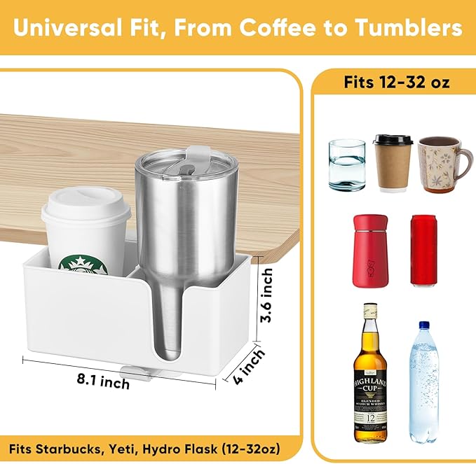 4-in-1 Clip On Desk Cup Holder - Adjustable Mountable Cup Holder with Divider & Rotating Hook - Large No Spill Clamp On Drink Holder Attachment - for Desk Chair Table Bed Tray - White