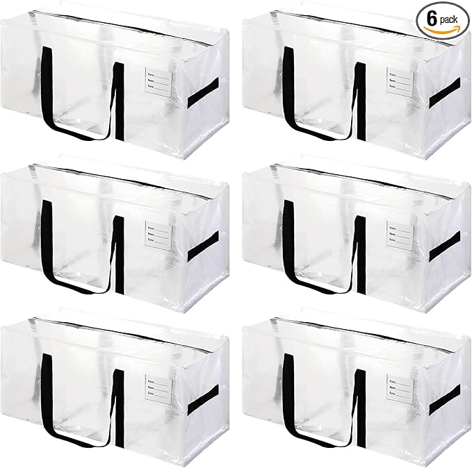 6 Pack Heavy Duty Extra Large Moving Bags with Black Handles, Waterproof Foldable Storage Totes, Clothing Storage Bags, Packing Moving Boxes for College Supplies & Seasonal Storage, Clear