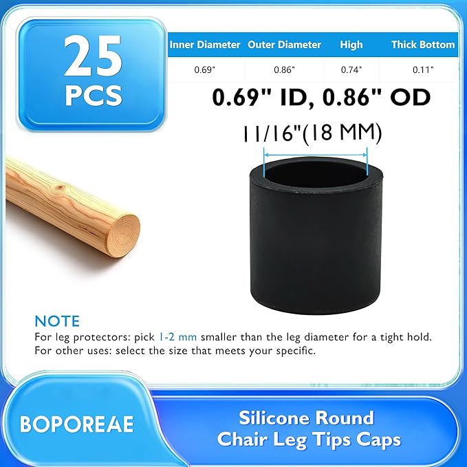 BOPOREAE 25 Pcs 11/16"(18 mm) Round Chair Leg Tips Caps, Silicone Rubber Furniture Leg Floor Protectors, Reduce Noise Folding Metal Chair Leg Cap Replacement for Bar Stool Leg Patio Indoor, Black