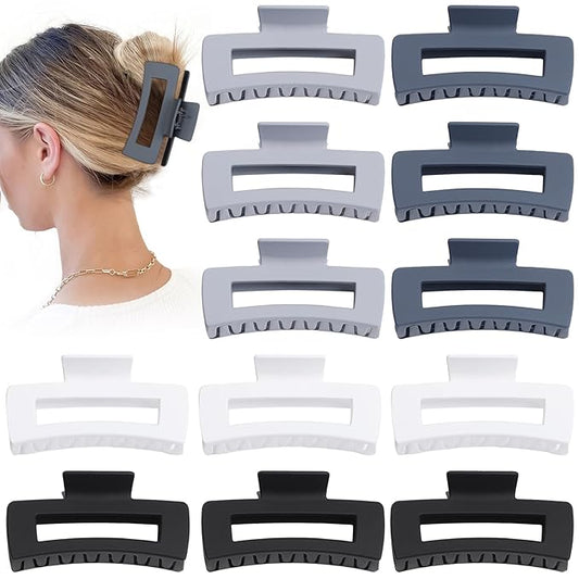 12 Pcs Large Hair Clips for Women, 4.2 Inch Square Claw Clips, Colorful Hair Claw Clips for Thick and Thin Hair, Bulk Hair Accessories for Women and Girls - Grey