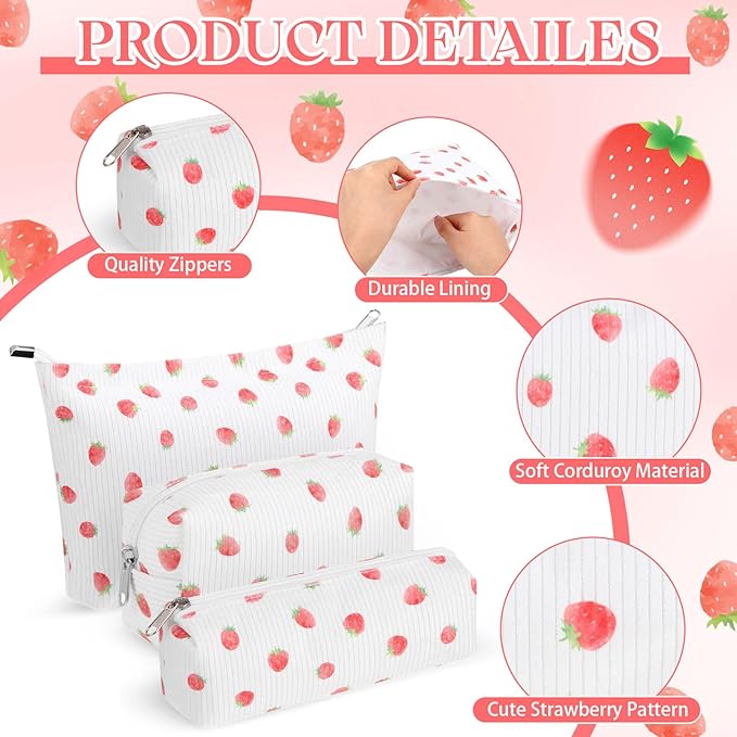 3 Pcs Makeup Bag Set for Women Corduroy Cosmetic Pouch Aesthetic Smile Travel Toiletry Bag Cute Purse Pouch Pencil Case Makeup Brushes Storage Organizer for Christmas (Beige,Strawberry)