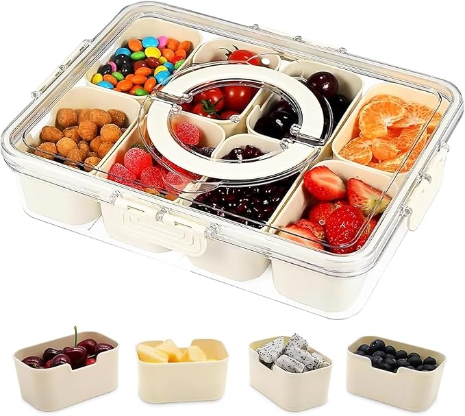 Snackle Box Container, Divided Serving Tray with Lid and Handle, Portable Charcuterie Board for Portable Snack Platters, Clear Organizer for Candy, Fruits, Nuts, Snacks, Perfect for Party, Travel