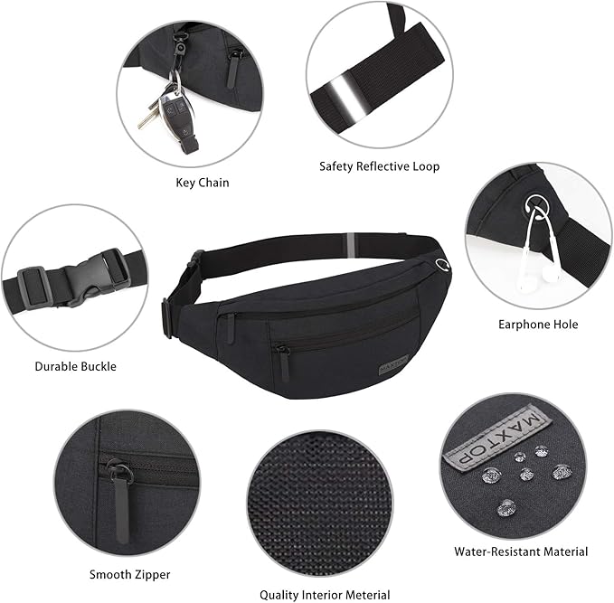 MAXTOP Large Crossbody Fanny Pack with 4-Zipper Pockets, Gifts for Enjoy Sports Festival Workout Traveling Running Casual Hands-Free Wallets Waist Pack Phone Bag Carrying All Phones