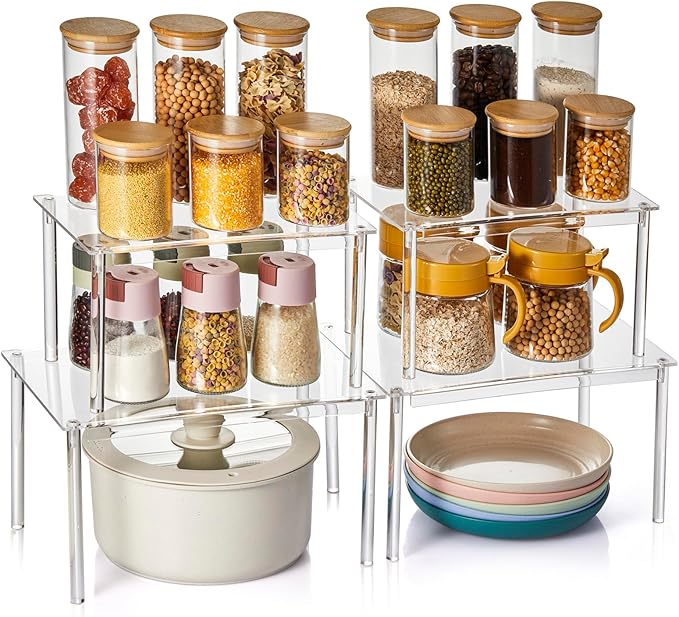 Acrylic Spice Rack Organizer Shelf for Cabinet, Set of 4 Shelves for Kitchen Organizers and Storage, Stackable Display Riser Shelf for Countertop Display Pantry Cabinet, Clear Shelves Room Decor