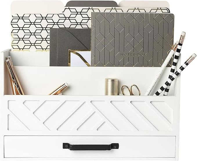 BLU MONACO | Wooden Mail Organizer with Drawer | Mail Organizer Countertop with 6 Compartments | Bill Holder for Desk | White Desktop Mail Sorter
