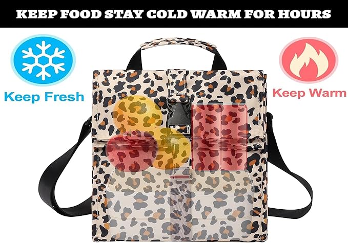 Insulated Foldable Lunch Bag - Lightweight Portable with Adjustable Shoulder Strap Lunch Box for Men, Women, Office, Work, Picnic, Hiking and Beach (Leopard(Soft Fabric))