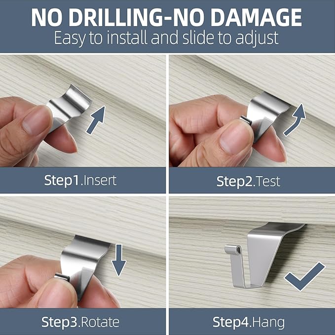 Antimbee Heavy-Duty Stainless Steel Siding Hooks, 20 Pack Vinyl Siding Hooks Hanger, No-Hole Siding Hanging Hanger for Hanging on Patio, Vinyl Siding Clips Applicable to Outdoor or Holiday Decoration