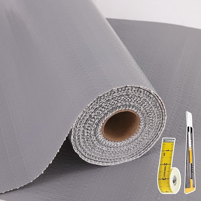 Shelf Liners for Kitchen Cabinets Non Adhesive Drawer Liner 17in x 30FT Pure Grey Thickened Shelf Liner Strong Non-Slip Easy to Clean for Tool Box Refrigerator with Knife and Tape Measure