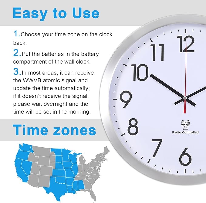 Atomic Analog Wall Clock, 14-Inch Radio-Controlled Automatically Setting Wall Clock, Aluminum Frame Wall Clock for Home, School, Office