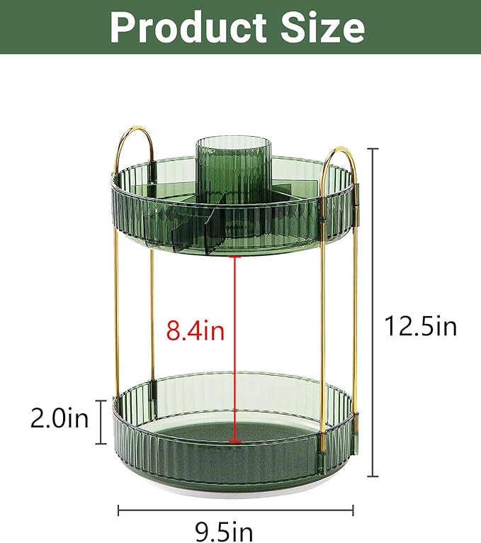 360 Rotating Makeup Organizer, 2 Tier Large Capacity Make Up Organizers and Storage, Skincare Perfume Vanity Organizers, Bathroom Cosmetics Storage Organizer Countertop (Green)