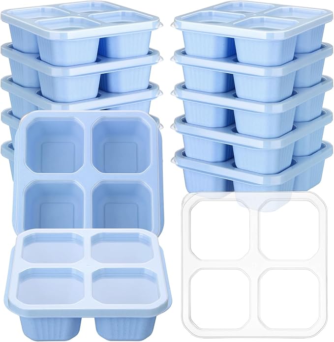 12 Pcs 4 Divided Compartments Snack Containers Bento Wheat Straw Snack Box with Lid Reusable Meal Prep Lunch Box Food Storage Containers for Adults Christmas Travel Work Gifts(Blue)