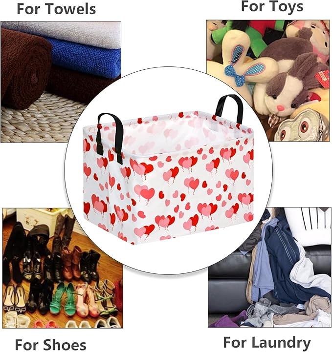MAIZMZ Empty Gift Basket for Girls, Heart Print Storage Cube for Women, Closet Shelf Waterproof Organizer Bins with Handles, Waterproof Nursery Hamper, Kids Toys Books Box Room Decor