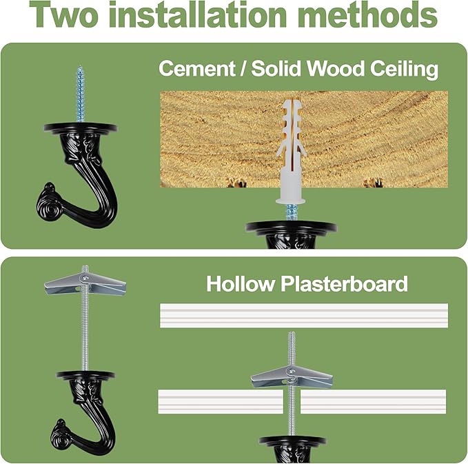 Aidoclip Ceiling Swag Hook Sets - Heavy Duty Hooks with Mounting Hardware for Hanging Plant, Ceiling or Extender Chains - Easy Install with Screws/Brackets (10 pcs - Black)