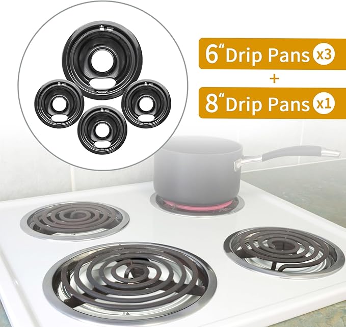4 Pack Black Drip Pans, Compatible with Whirpool Kenmore Frigirate Stove Top Drip Bowls. Include 3 Pcs 6'' Range Replacement Drip Pans and 1 Pcs 8 '' Cooktop Drip Pans