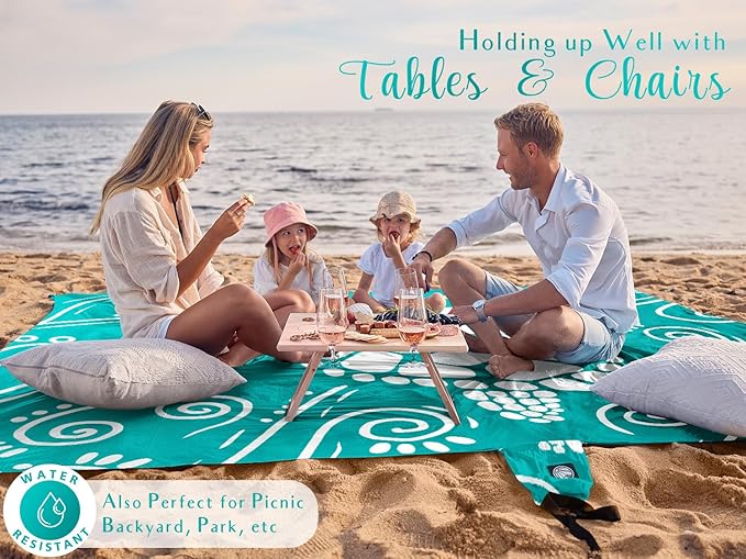 WEKAPO Beach Blanket Waterproof Sandproof Oversized Extra Large Sand Free Beach Mat with Stakes, Storage Bag - Essentials for Outdoor Beach, Picnic (Gradient Teal Sea Turtle, 11 X 9 FT (1~10 Person))